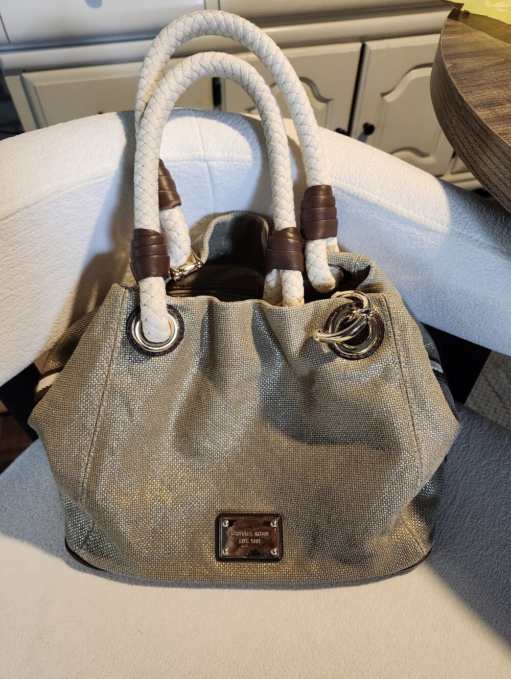 Michael Kors Gold Canvas Shoulder Bag with Cream Braided Handles